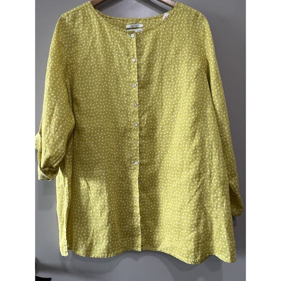 Rachel Zoe Shirt Womens 2X Mustard Polka Dot 100% Linen Roll Up Tab Button Front - Picture 1 of 4